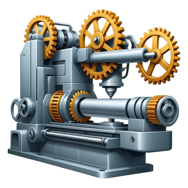 An icon featuring a giant machine tool in a factory, manufacturing machines. The design includes gears, mechanical parts, and a production line, representing the art of mechanical engineering and industrial design. Transparent background highlights precision engineering and manufacturing processes. sticker