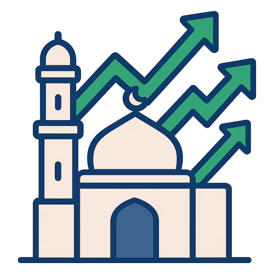 mosque silhouette with green upward stock arrows, flat modern style, Middle Eastern trading theme sticker
