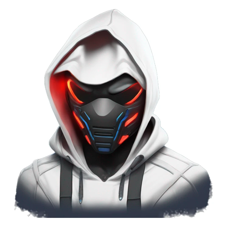 developer behind his laptop with this style : crysis Cyberpunk Valorant neon glowing bright red character blue black hooded assassin themed character sticker