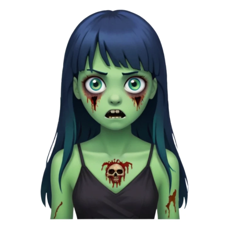 faça uma garota na forma de zumbi com a pele verde, assustada e com os olhos azuis, com o cabelo bem preto com franja e longo e a roupa decotada preta sticker