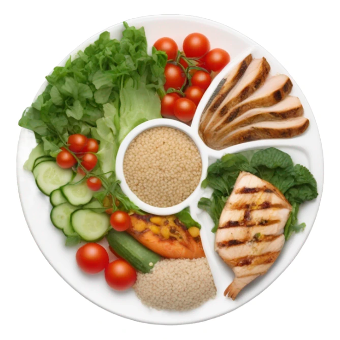 a large white round plate of realistic healthy food sticker