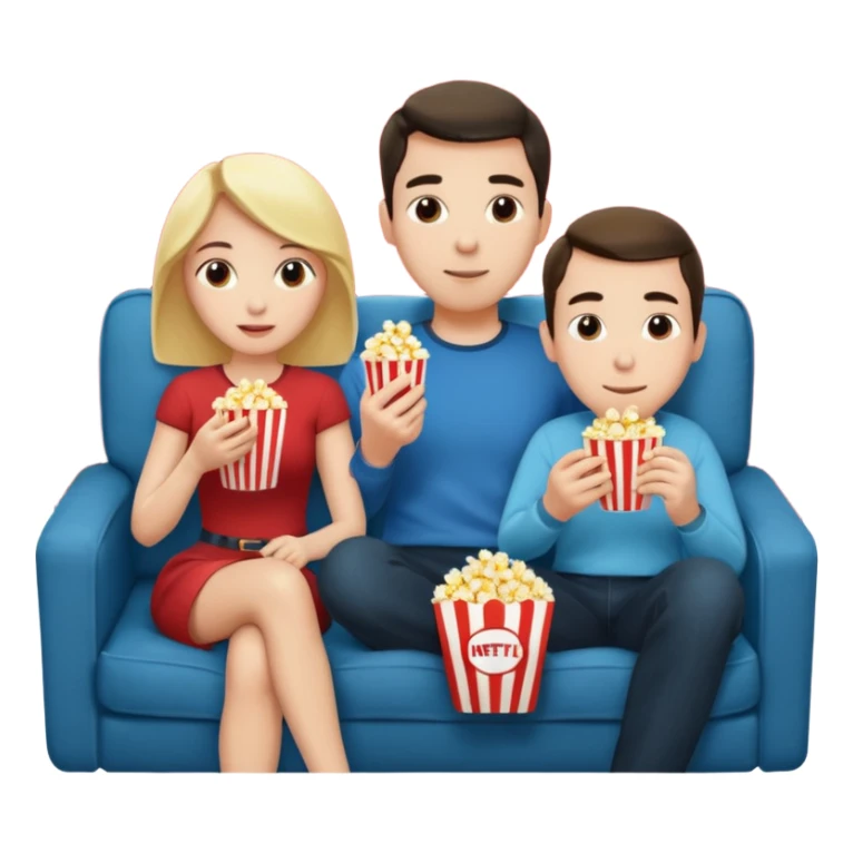 Crea un emoji dove un uomo e una donna mangiano i pop corn su un divano e guardano la tv, nella tv ci deve essere scritto netflix sticker