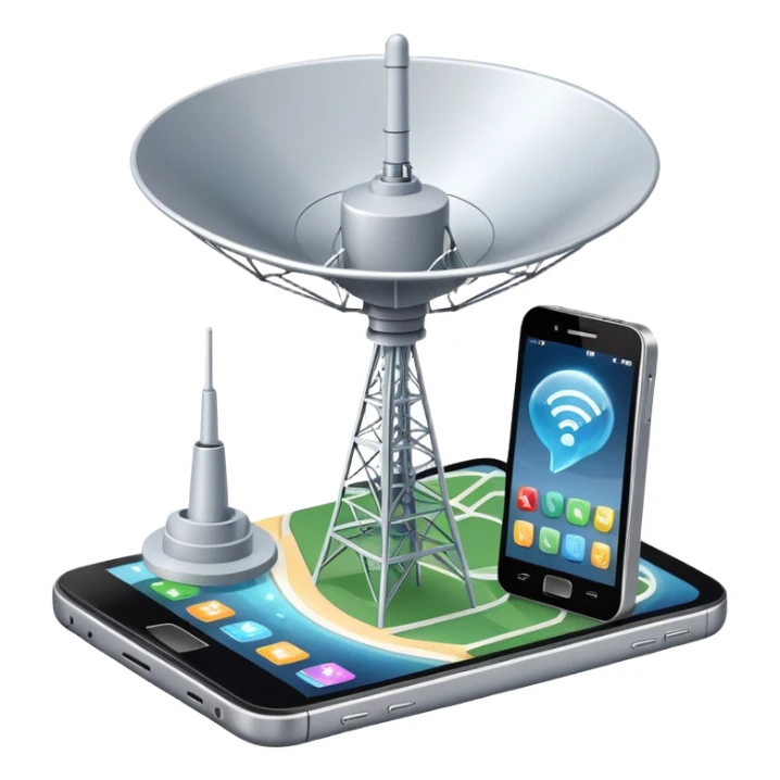 An icon featuring a satellite dish, a cell tower emitting signals, and a smartphone displaying a chat interface. The design includes fiber-optic cables and data waves, symbolizing global communication, connectivity, and information exchange. Transparent background. sticker