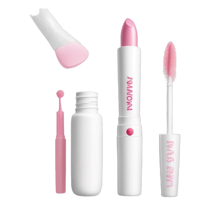 White mascara wand, next to a white cosmetics bag, white and pink lipstick, and a white container with pink blush sticker