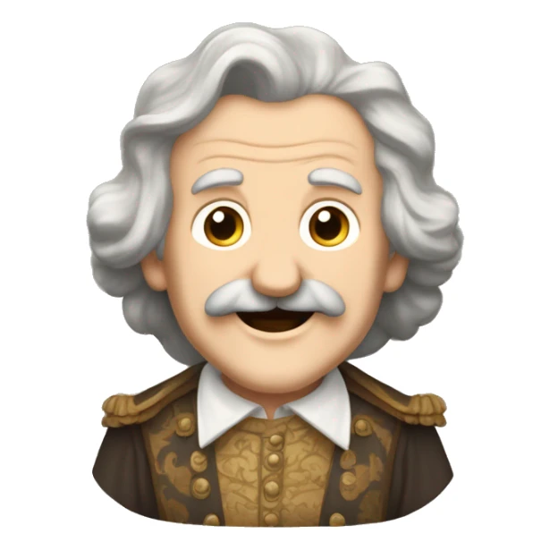 Short pudgy old man over enthusiastic happy excited face bald forehead long wavy gray and brown brunette long wavy hair moustache Shakespearean dress vintage clothes hamlet small arms sticker