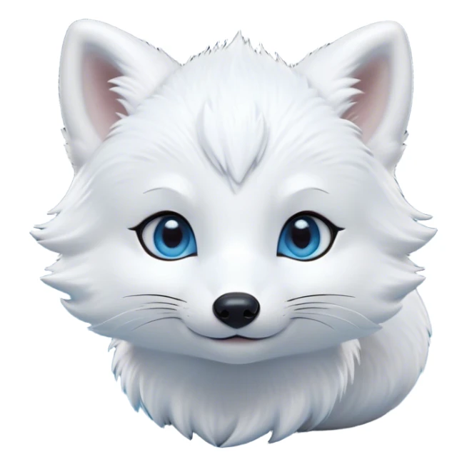 Cinematic Cute Arctic Fox Portrait Emoji, Head tilted playfully and inquisitively, featuring a silky, pure white Fur with delicate hints of icy blue on the ears and muzzle, round, sparkling eyes filled with curious charm, Simplified yet irresistibly adorable features, highly detailed, glowing with a warm, friendly glow, high shine, affectionate and spirited, stylized with a touch of frosty whimsy, bright and endearing, soft glowing outline, capturing the essence of a mischievous yet loving arctic fox, so playful it feels like it could frolic out of the screen and into your arms! sticker