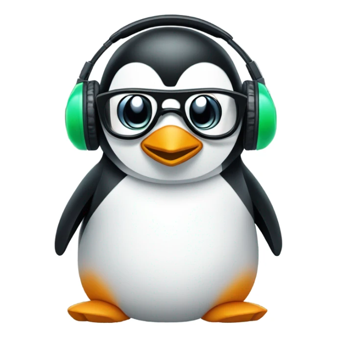 Design an emoji-style logo for “TuxByte” with a sleek penguin, techy glasses or headphones, and subtle circuit or data elements. Use black, white, blue, and green for a clean, modern look. sticker