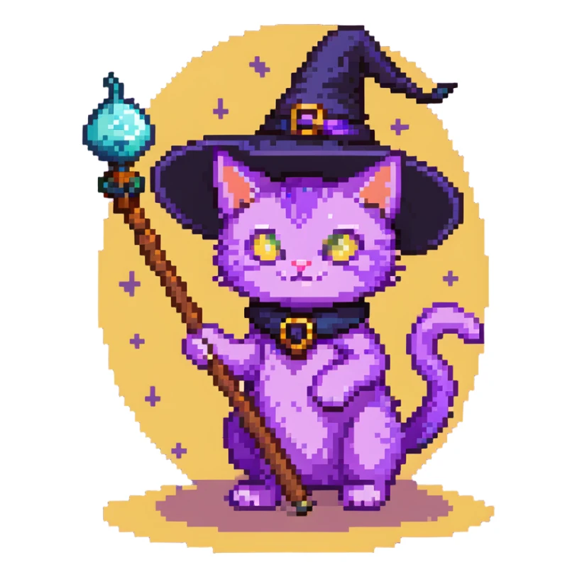 purple cat wearing a witch hat and holding a magic wand sticker