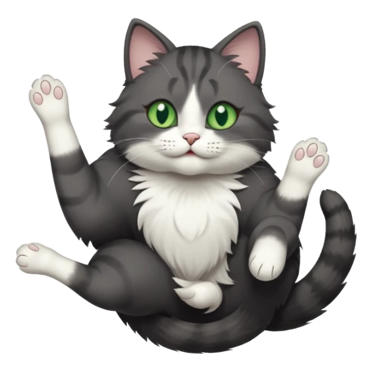 dark grey cat with green eyes, white toes/paws and white patch on her chest playfully rolling upside down sticker