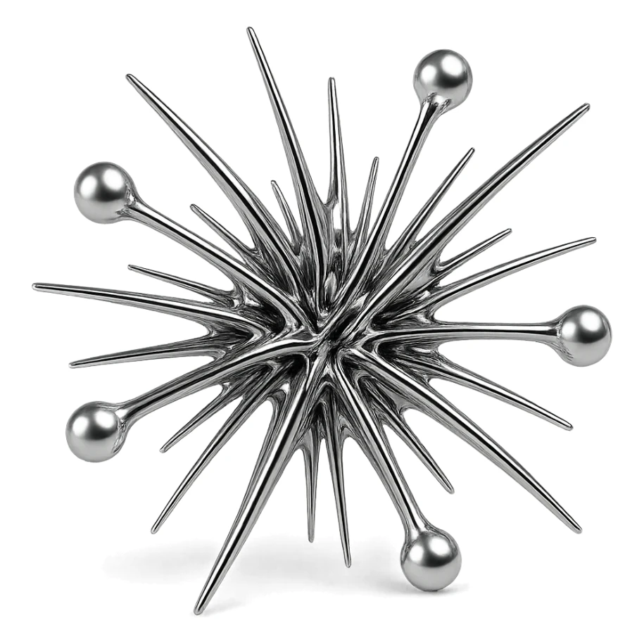 abstract burst of energy in chrome style, radiating metallic lines, glowing orbs, highly reflective sticker