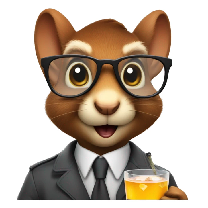 Secret agent squirrel with glasses holding a drink sticker