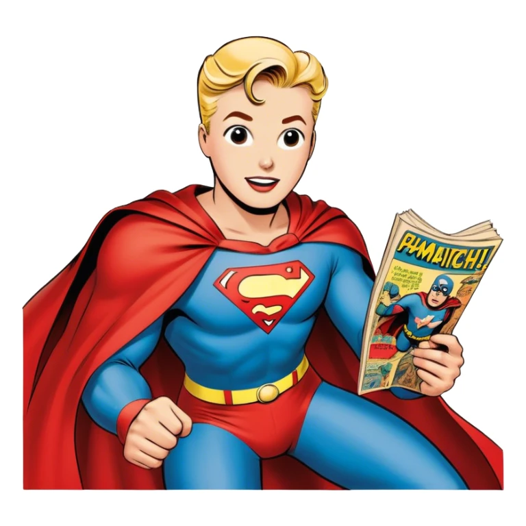 Icon for Vintage American Comics: an open comic book with classic 1940s-1950s American comic art, featuring superheroes in bold, bright colors, with action panels and exaggerated speech bubbles. The icon should represent the nostalgic style of vintage comics. Transparent background. sticker