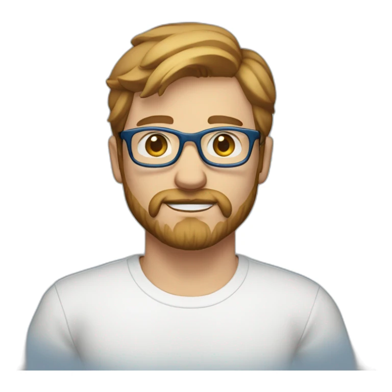 man with short light brown hair, beard and mustache and glasses, blue eyes, white t-shirt and blue jeans sticker