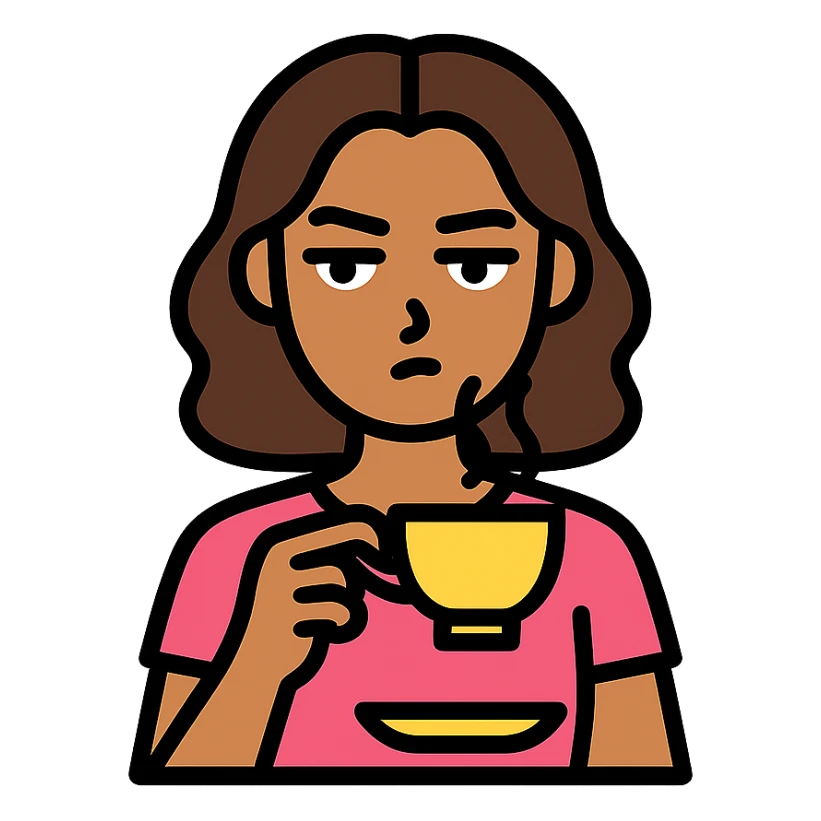 woman giving side eye while sipping hot tea with her pinky up, minimalist flat icon style sticker