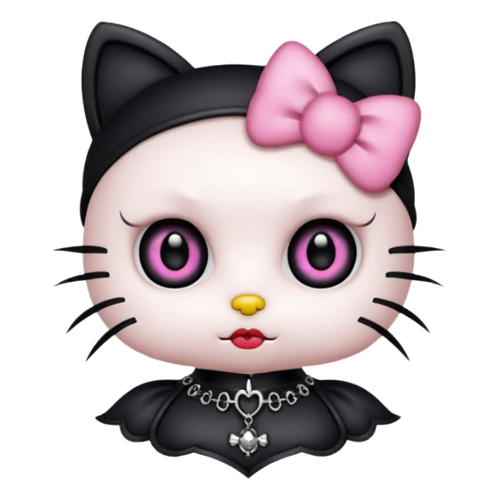 gothic Hello Kitty with exaggerated funny eyes, gothic accessories, iOS emoji style sticker
