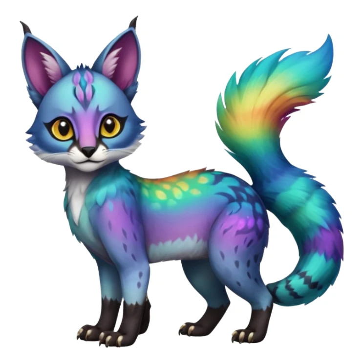 Colorful tropical tribal pale light fruity pastel white glorious iridescent divine exotic cute albino neon vibrant zigzagged cool beautiful fantasy-caracal-civet-genet-sergal-vernid-Gryphon-Cacomistle-Trico-oncilla-animal-Fakémon-hybrid-fursona (full body), facial markings,  sticker