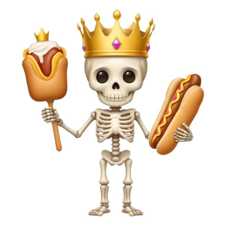 A cute skeleton wearing crown and holding hot dog full body sticker
