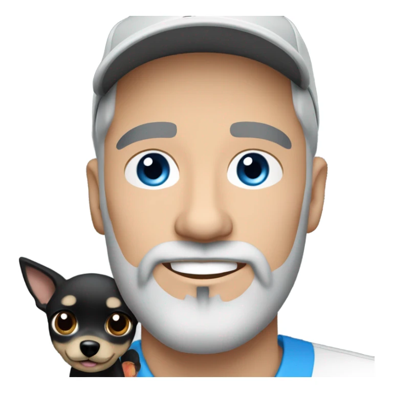 Handsome man with blue eyes wearing ball cap with grey hair and goatee beard holding all black long haired chihuahua sticker