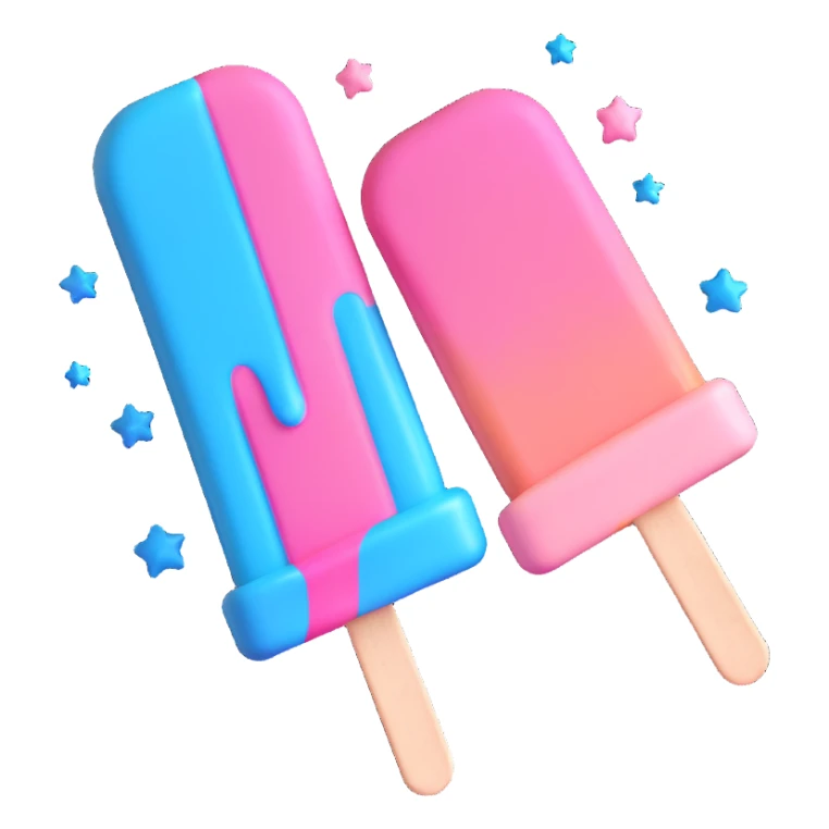 3D iOS style popsicle with blue and pink colors, star decorations, and a melting effect sticker