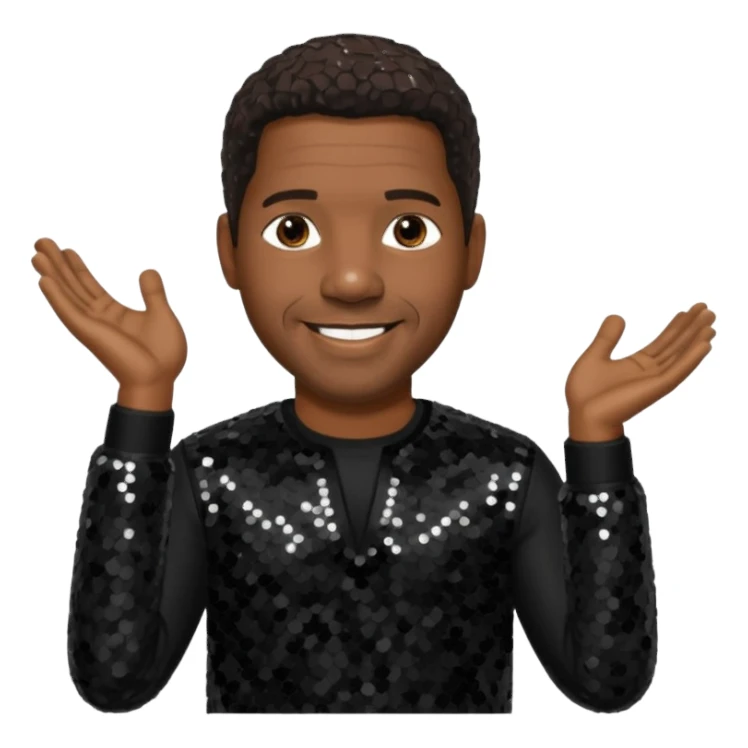 Denzel Washington with dark brown hair, black sequin outfit sticker