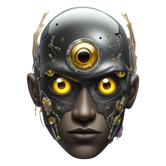 black metal male cyborg head with artificial eyeball, circuitry and wispy yellow gold hair sticker