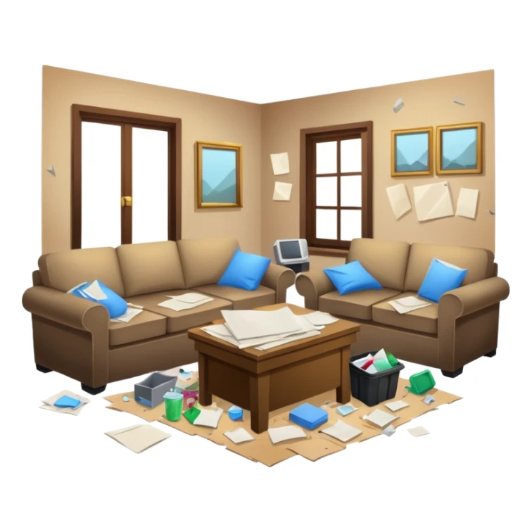 dirty living room with papers and trash sticker