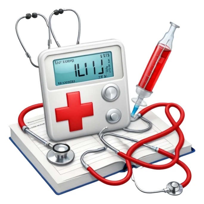 An icon featuring a red cross, a stethoscope, and a syringe, symbolizing medicine. The design includes a medical book, a heartbeat monitor, and a pill, representing the study and practice of healthcare, diagnostics, and treatment. Transparent background highlights the science of healing. sticker