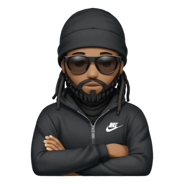 African American man with shoulder length black dreadlocks with black beard wearing black sunglasses wearing a black ski mask covering face wearing a Nike hoodie with his arms folded across chest sticker