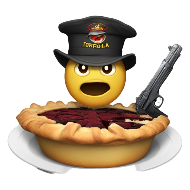 a pie with an angry face, holding two guns, a text saying "TORTAFROLA MANDA" sticker
