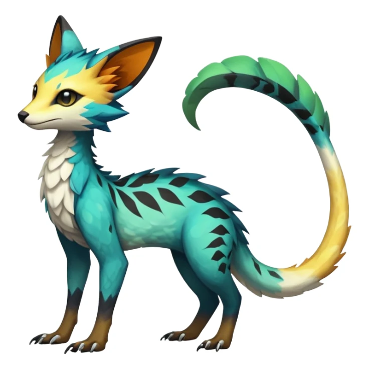 Rare realistic exotic edgy epic pretty beautiful handsome gorgeous aesthetic colorful vibrant Vernid-Trico-species-Fakemon-creature by LiLaiRa, 4 legs, 1 tail, random markings, (full body) sticker