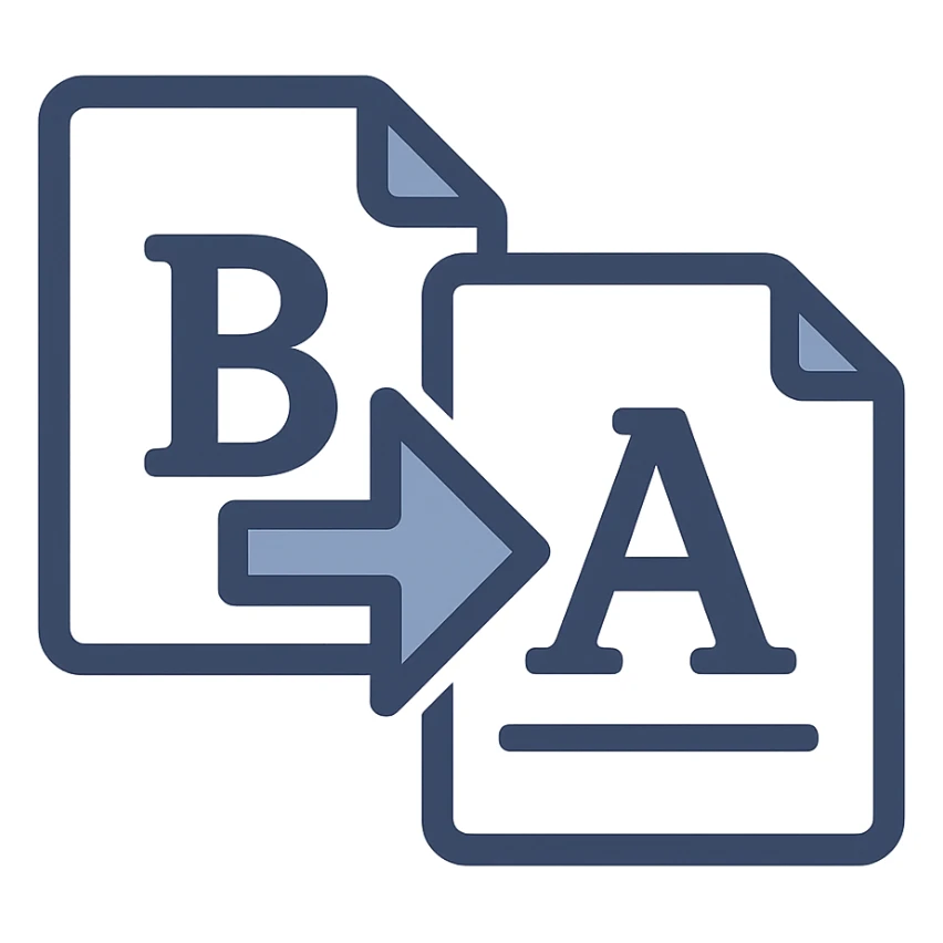 Reimagine the Bulk File Rename Utility icon in a minimalistic, flat blue style with two distinct blue document icons. One document has a bold 'B' and the other has a bold 'A'. A thick, clear blue arrow points from the B document to the A document. Use strong contrast, clean and simple lines, and ensure maximum clarity and recognizability. The background is fully transparent. The icon should be consistent with the other icons in style and clarity. sticker