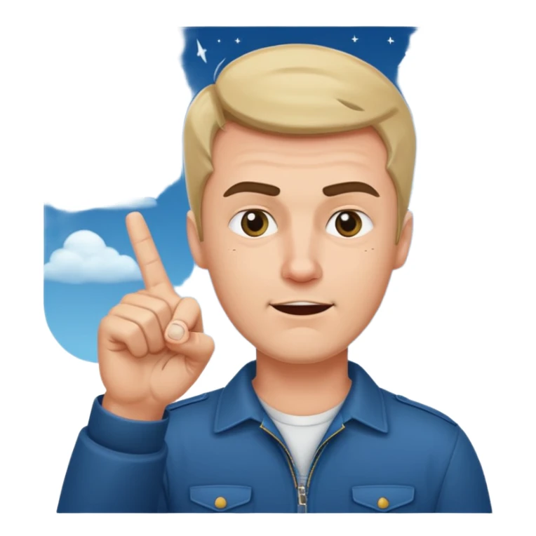 Guy with finger guns pointing in the sky beside his forhead sticker