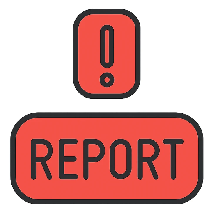 the word REPORT in all caps, inside a red rounded rectangle, with a red exclamation mark above it, the exclamation mark is inside a red rounded rectangle, everything is red sticker