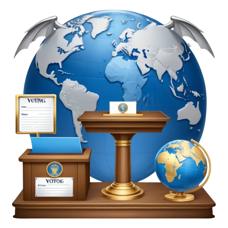 An icon featuring a podium with a speaker, a ballot box with a voting slip, and a globe, symbolizing political science. The design includes scales of justice and a world map in the background, representing governance and global politics. Transparent background highlights political analysis. sticker