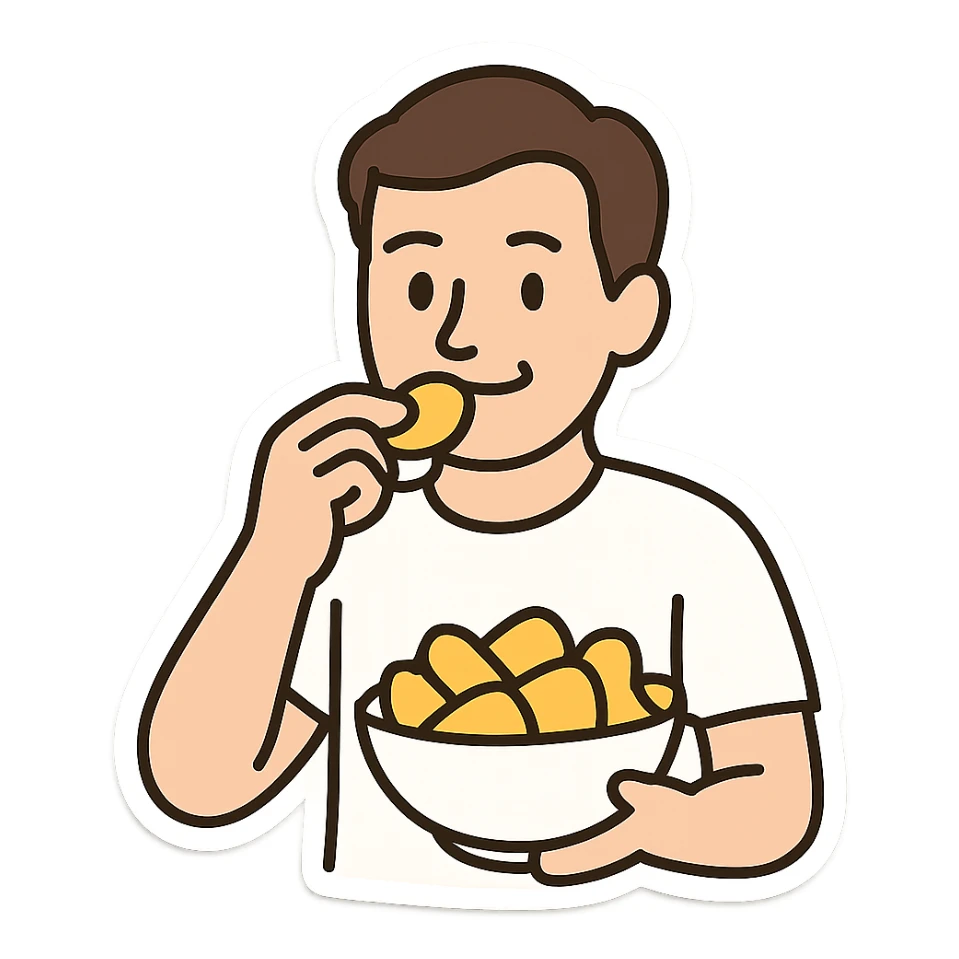 man eating chips, more white, smiling a little, sticker sticker