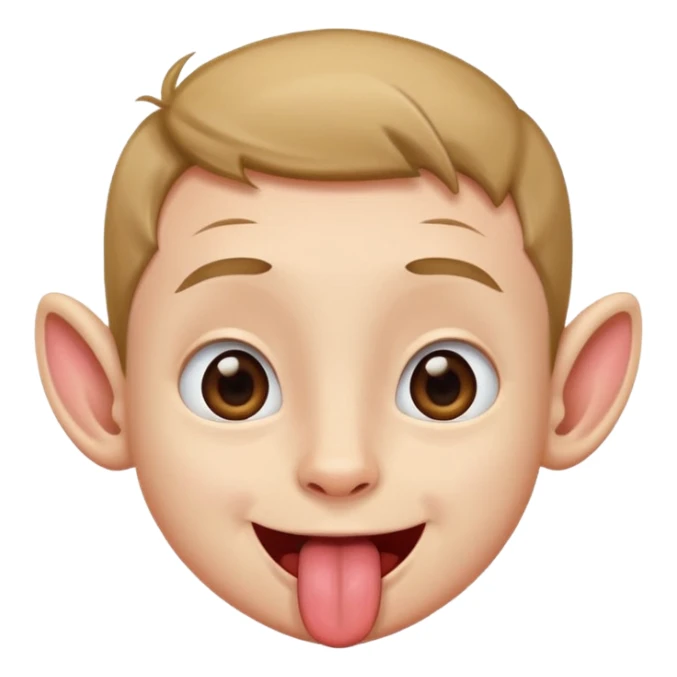 a boy with small eyes with big human ears and with his tongue out sticker