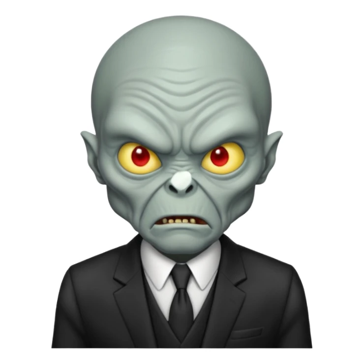 an old alien with black suit, grey skin, angry sticker
