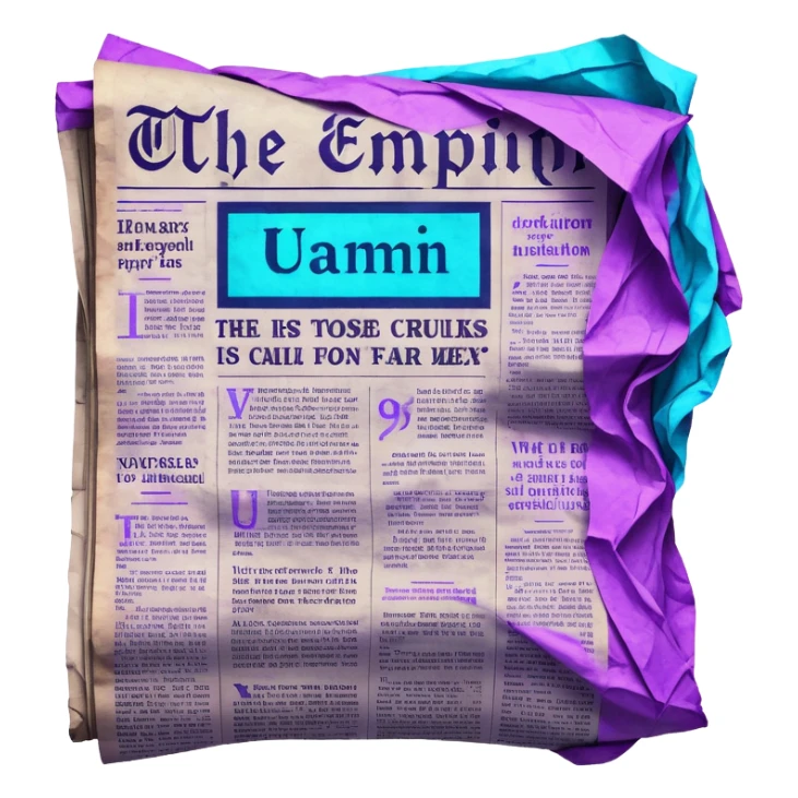 newspaper with headlines and neon glow effect, blue neon glow on top left, purple neon glow on bottom right sticker