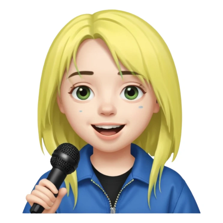 billie eilish is singing, holding mirco and smile sticker
