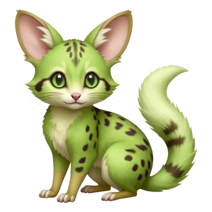 Light-neon-green, soft realistic romantic vintage antique divine beautiful elegant pretty precious cute young youthful  Fakémon-Pokémon-opossum-feline-mouse-serval-caracal-chinchilla-Minccino-Cinccino-Meowstic-rodent-hybrid-creature (full body) sticker