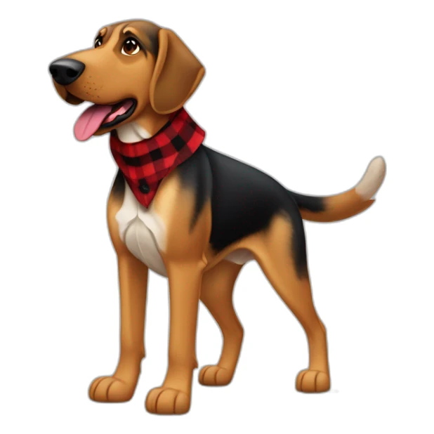 adult 75% Coonhound 25% German Shepherd mix dog with visible tail wearing small pointed red buffalo plaid bandana full body walking left quickly sticker