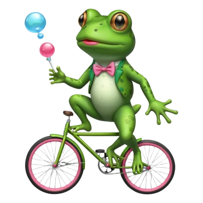 A frog riding a unicycle wearing a monocle blowing a bubble gum bubble sticker