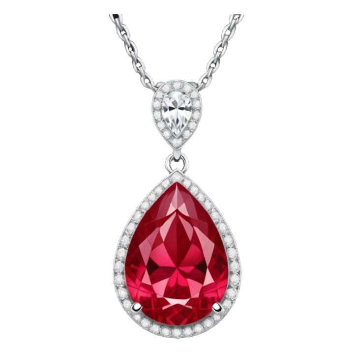 teardrop ruby pendant with silver chain and white stones, glowing with passion and renewal sticker