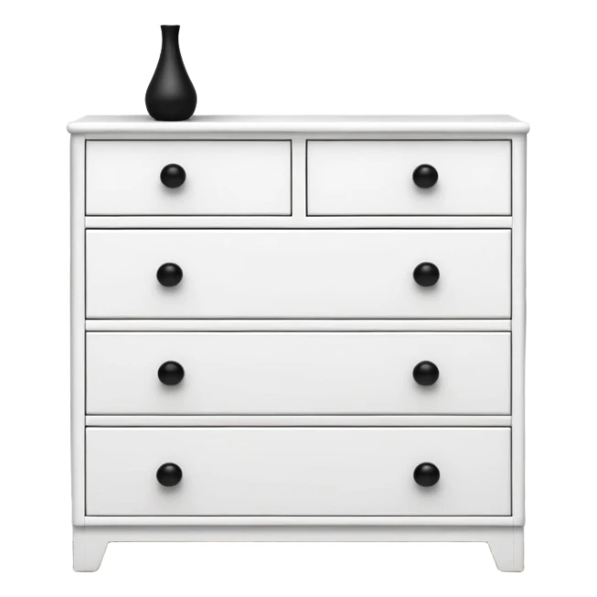 sleek white dresser with 6 drawers and small black knobs, minimalist and stacked sticker