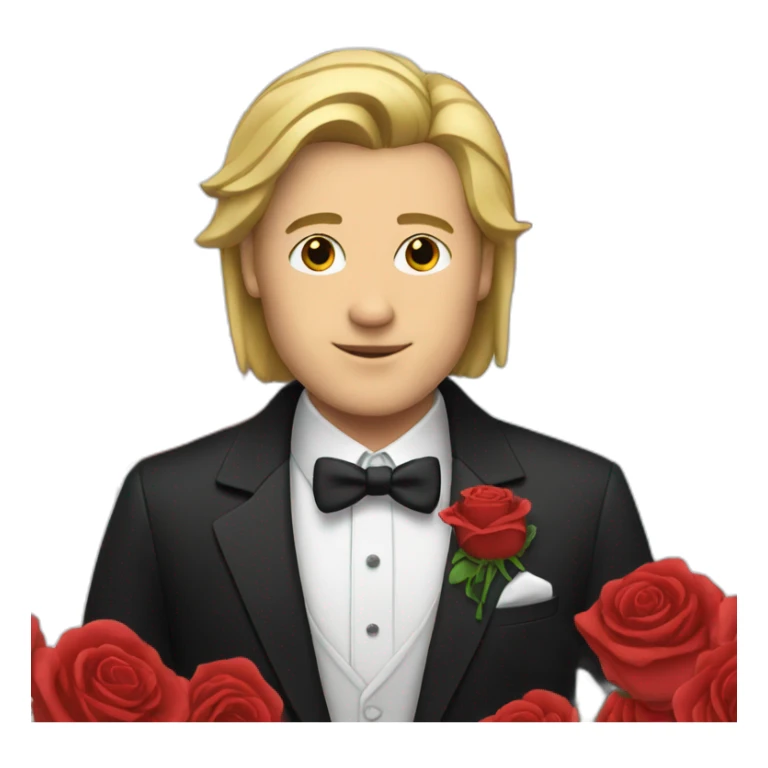 White guy with straight hair and red roses wearing tux sticker