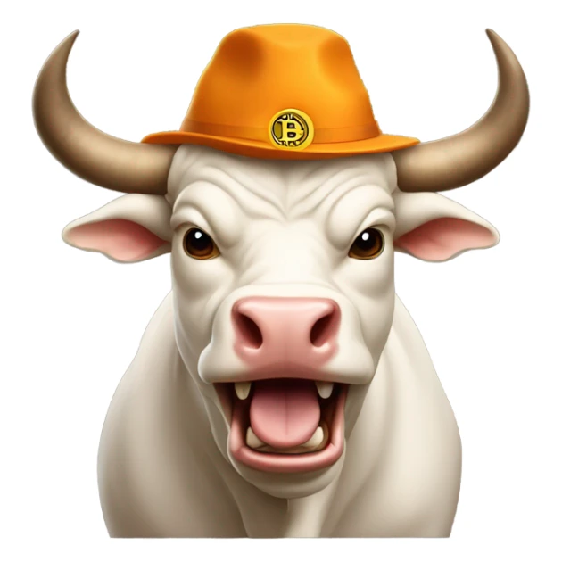 Bull ready to charge wearing bitcoin hat sticker