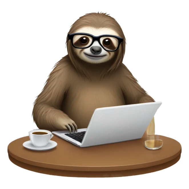 tired sloth wearing glasses with laptop and espresso tonic sticker