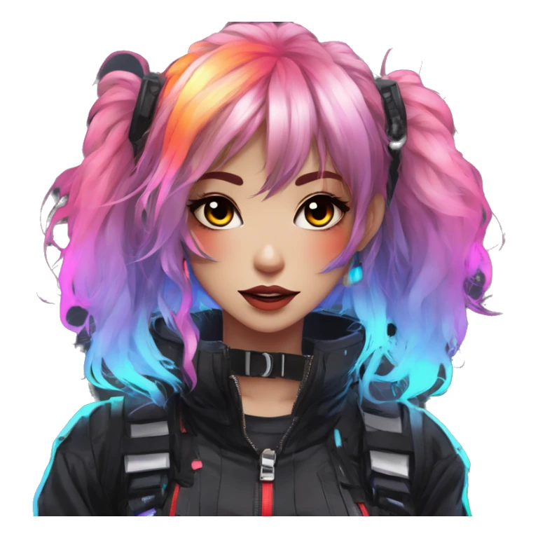 Gorgeous futuristic rainbow-glowing techwear anime style lady with blushing face aesthetic and pretty edgy black red punk messy wild cute hair with collar and harness trending style sticker
