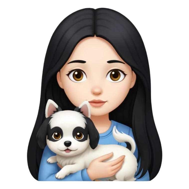 A girl with long black hair holding a little white dog sticker