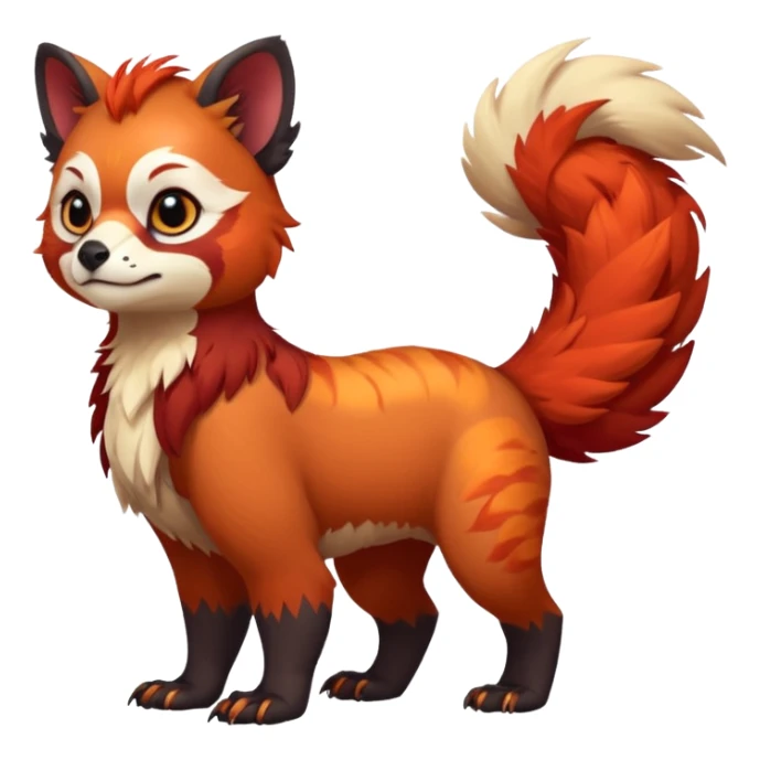 A beaked beaky 4-legged, feral, digitigrade, lanky, elegant, Gryphon-Griffin-Griff-Avian-hybrid, with Red-Panda-colors and markings, full body, cute, realism, with a long thin tufted tail, hyper-realistic  sticker
